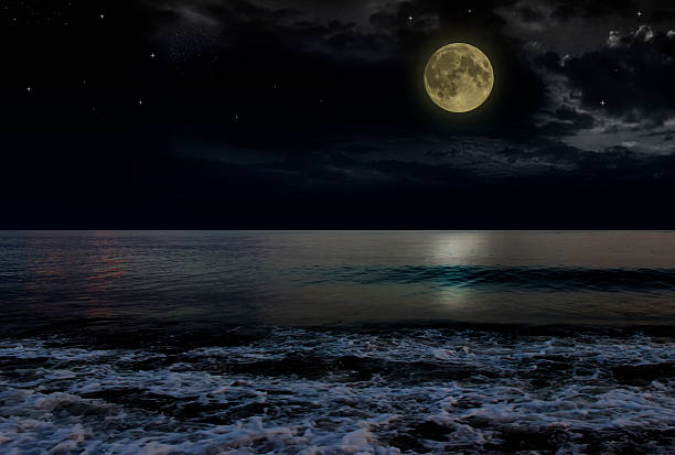 istock Beautiful magic blue night sky with clouds and full moon 613313822