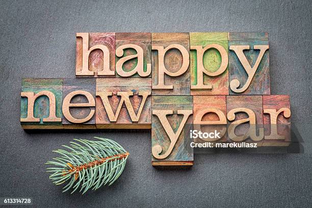 Happy New Year In Wood Type Stock Photo - Download Image Now - Celebration, Dirty, Green Color