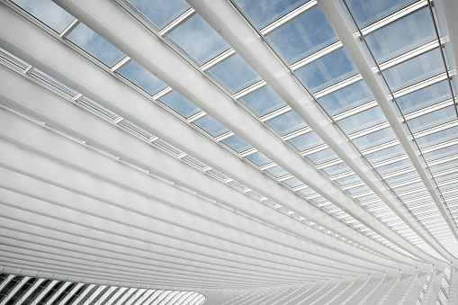 Steel and glass roof of the railway station Liege-Guillemins, Belgium.
