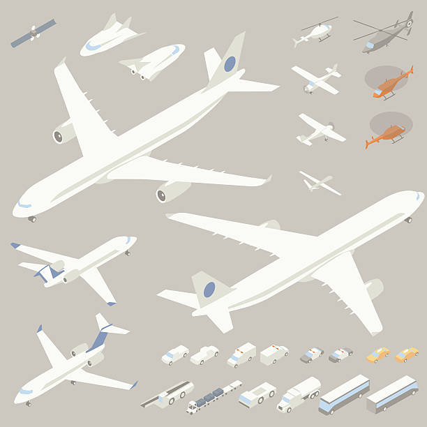 ilustrações de stock, clip art, desenhos animados e ícones de isometric airplanes and flying vehicles - vector isometric airplane bus