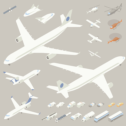 Flying vehicle icons presented in isometric view in a flat vector illustration style. Included are a large jetliner (a passenger or cargo jet), private charter plane, a small airplane, helicopters, unmanned drone, communications satellite, futuristic space shuttle, and airport ground vehicles including taxis, buses, luggage loaders, and jet fuel truck.
