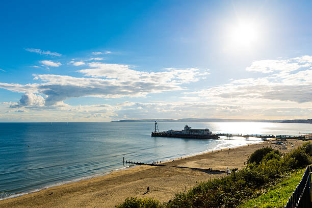 A view from East Cliff over to Bournemouth Pier and the Purbecks in the background. Low winter sun in the sky.
