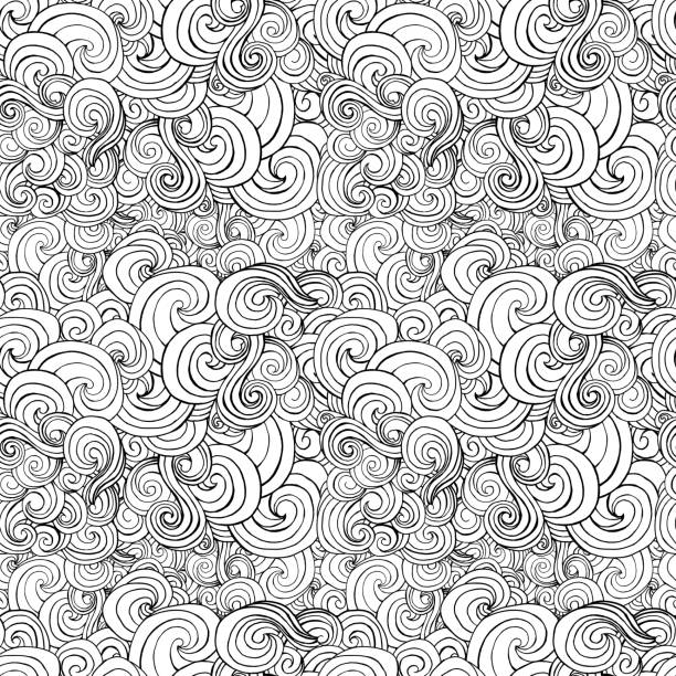 Big seamless pattern, black and white stylized curls, waves for vector art illustration