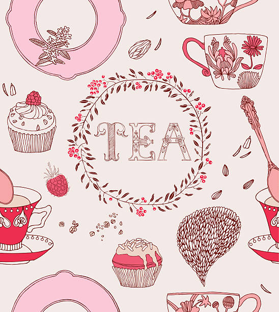 Tea and different kind of sweets Tea and different kind of sweets on beige background. Vector. food cake tea sketch stock illustrations