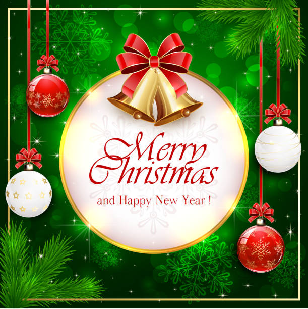 istock Green background with Christmas balls and round banner 613319736