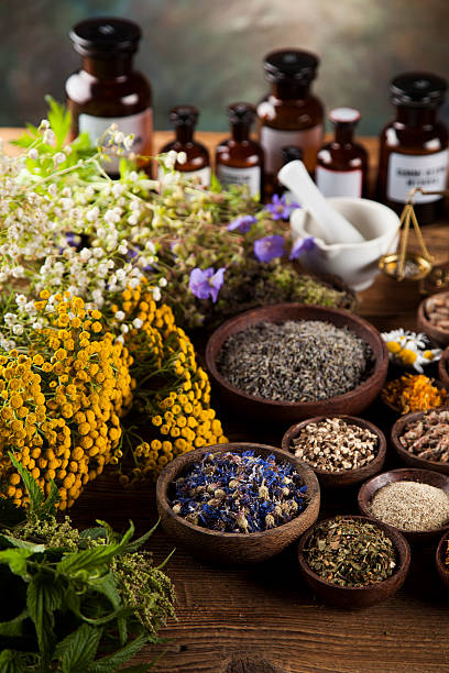 istock Medicine bottles and herbs background 613321048