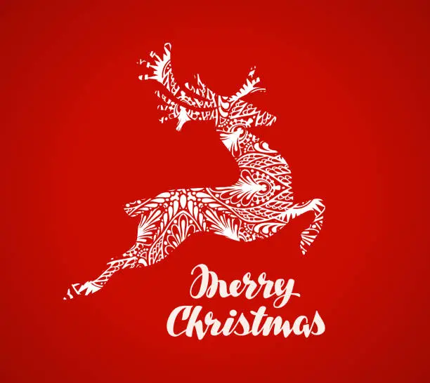 Vector illustration of Merry Christmas greeting card. Prancing reindeer painted in a decorative