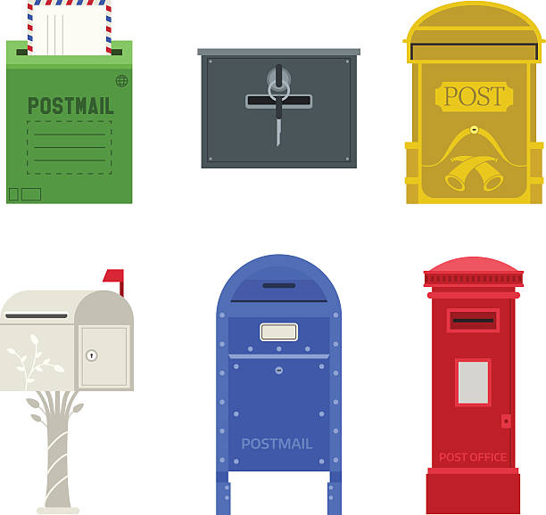 Post mail box vector set. Beautiful rural curbside open and closed mailboxes with semaphore flag vector illustration. Traditional communication empty postage post mail box. Letter message post mail box service correspondence. single object paper box tray stock illustrations