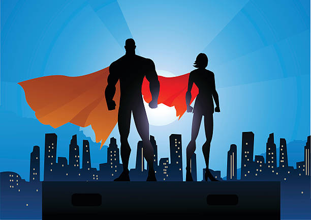 illustrations, cliparts, dessins animés et icônes de silhouette de couple de super-héros dans the city - superhero human muscle men city