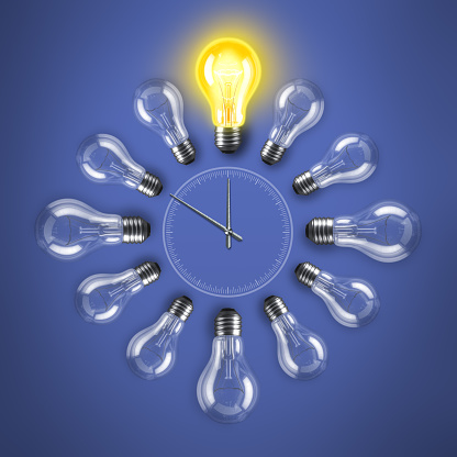 Group of lamp bulbs clock on blue background. 3D illustration