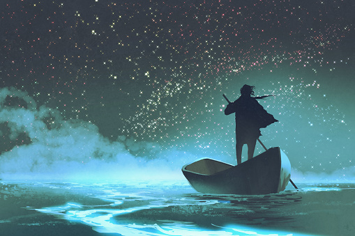 man rowing a boat in the sea under beautiful sky with stars,illustration painting