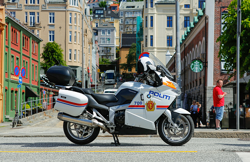 Bergen, Norway - June 12, 2016: Police motorcycle used as a road block at Hansa Days in Bergen, Norway.
