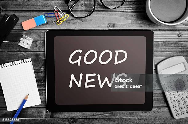 The Words Good News On Tablet Stock Photo - Download Image Now - Good News, Above, Business