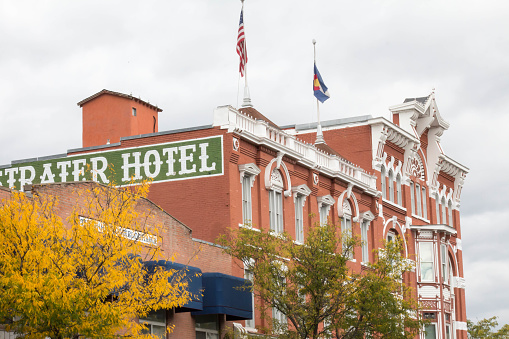 Durango, Colorado, USA - September 24, 2016: Victorian architecture of the Strater Hotel in Durango, Colorado.  The historic Strater hotel is on Main Street in Durango.  The leaves are starting to change colors in the autumn.