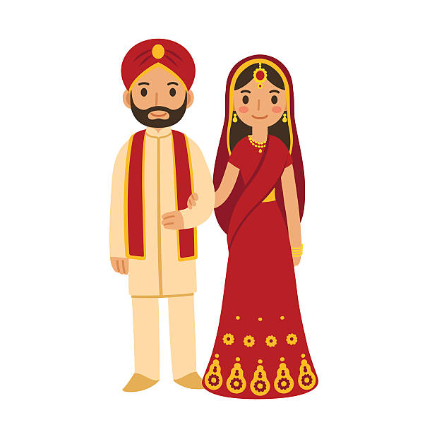 Indian wedding couple Indian wedding couple in traditional clothing. Cute cartoon vector illustration. bride illustrations stock illustrations