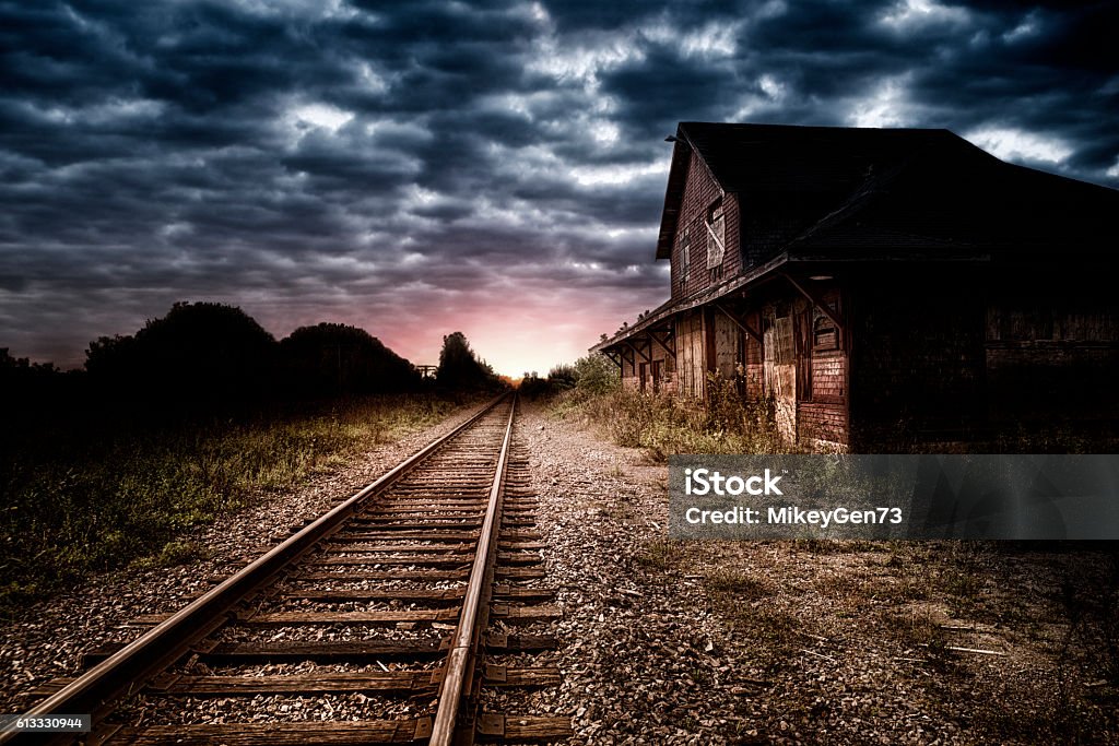 Empty And Abandoned Train Station At Night Stock Photo - Download Image Now  - Old, Railroad Track, Retro Style - iStock