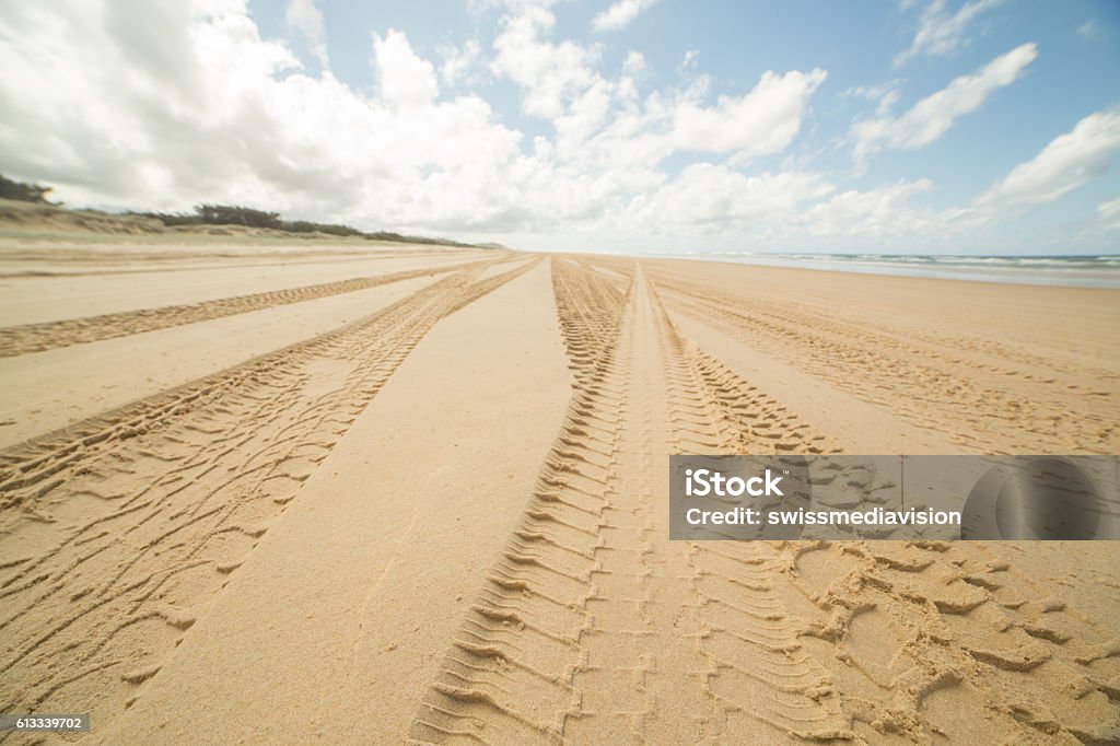 Four wheel drive tracks in the sand Four wheel drive tracks in the sand on Fraser Island, Queensland, Australia. Beach Stock Photo