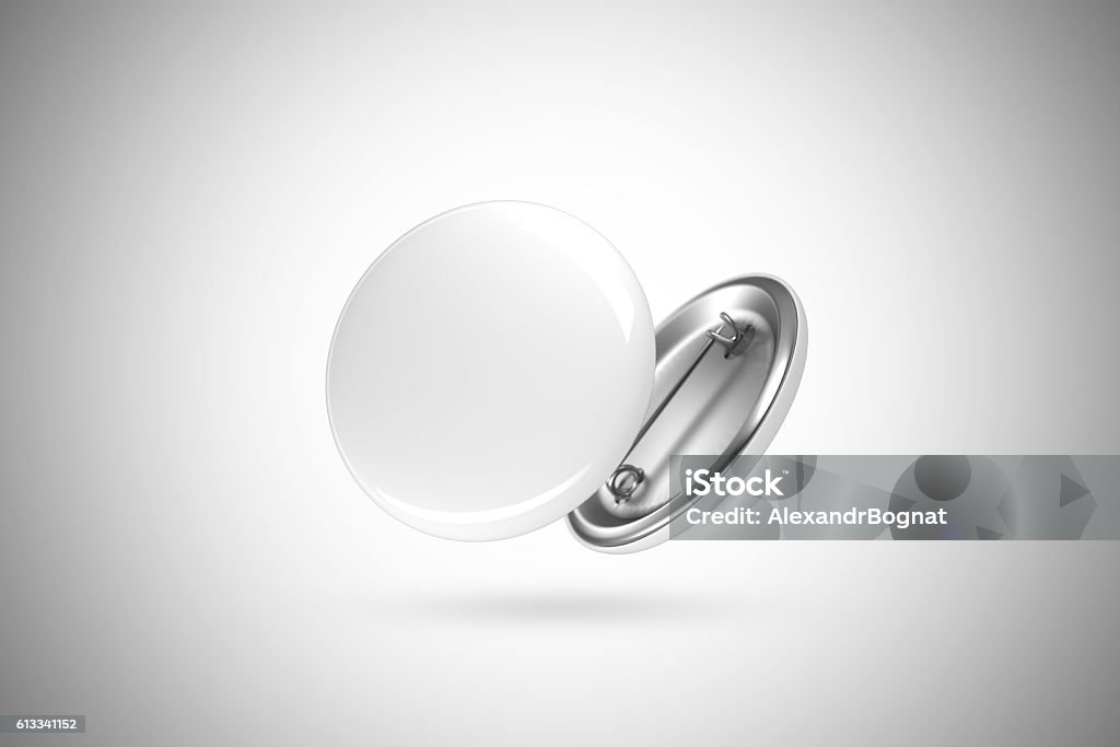 Blank white button badge mockup, isolated, clipping path Blank white button badge mockup, isolated, clipping path, 3d rendering. Empty clear pin emblem mock up. Round plastic volunteer label. Vote sign design template. Campaigning badges display. Badge Stock Photo