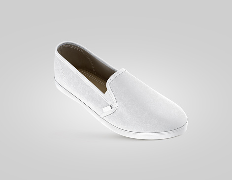 Blank gray slip-on shoe design mockup, isolated on grey, clipping path, 3d rendering. Plain hipster slipon mock up template stand profile view. Urban skate shoes with clear label presentation.