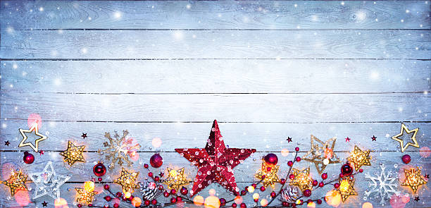 christmas Border - Stars decorations On Vintage Plank