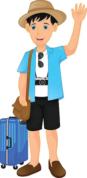 Vector illustration of tourist boy cartoon waving