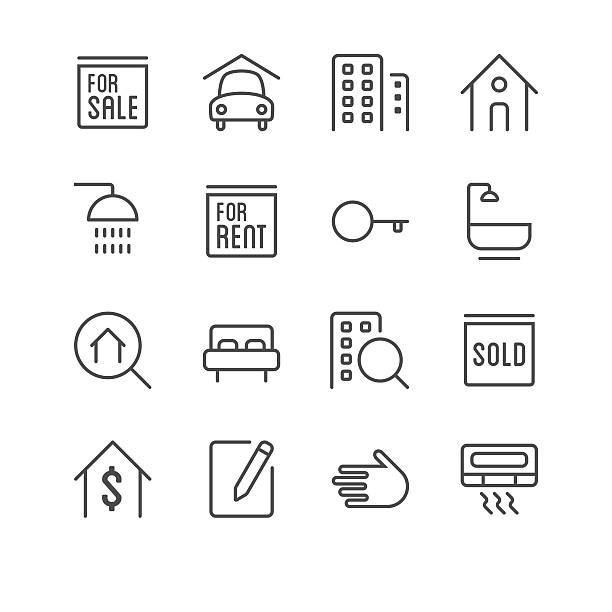 ikony nieruchomo�ści zestaw 1 | seria black line - computer icon symbol icon set real estate stock illustrations