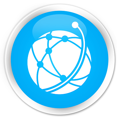 Global network icon cyan blue glossy round button