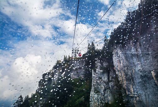 Rainy landscape with gondola in Steinplatte region, Bavarian Alps ,Austria.