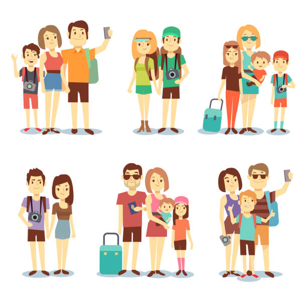 szczęśliwa para, rodzina, ludzie, turyści wektor podróży postaci z kreskówek - photograph travel people traveling luggage stock illustrations