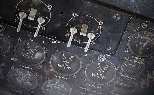 istock Different meters and displays in an old plane 613345252