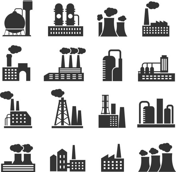 industrial factory and plant buildings vector icons set - manufacturing stock illustrations