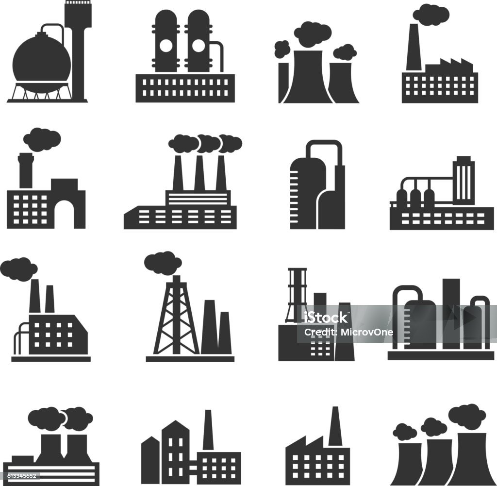 Industrial factory and plant buildings vector icons set Industrial factory and plant buildings vector icons set. Silhouette of power manufactory illustration Icon Symbol stock vector