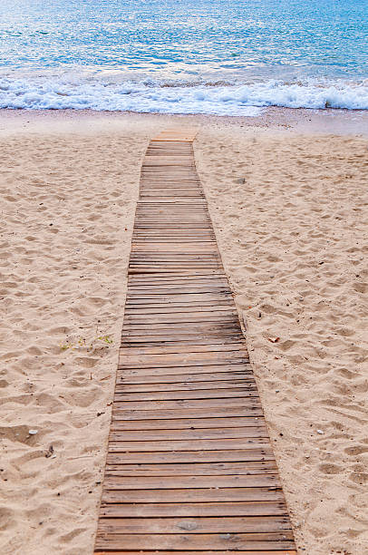 istock Beach wooden path and sea background 613346806