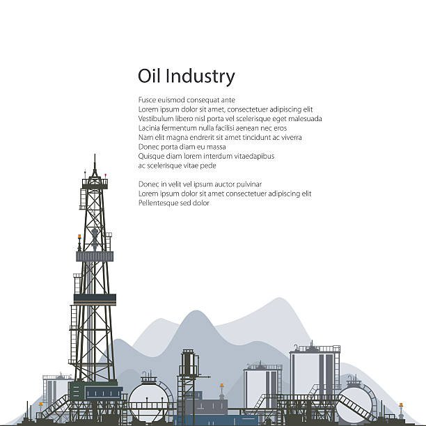 ilustraciones, imágenes clip art, dibujos animados e iconos de stock de plataforma de perforación de petróleo, folleto flyer diseño - oil industry drill tower place of work