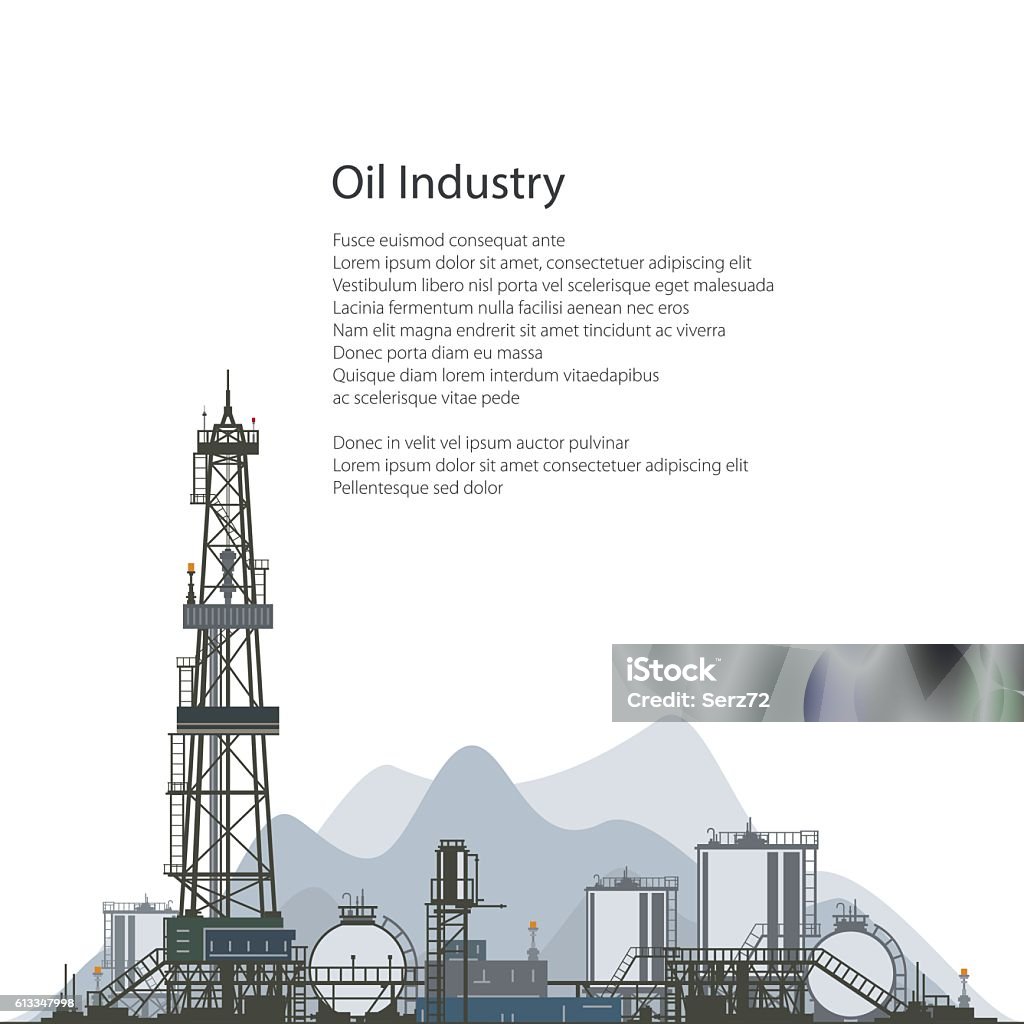 Oil Drilling Rig, Brochure Flyer Design Oilfield, Drilling Oil or Natural Gas Rig with Outbuildings and Tanks and Cisterns, Poster Brochure Flyer Design, Vector Illustration Natural Gas stock vector