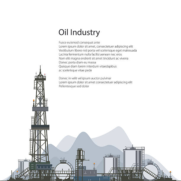 Oil Drilling Rig, Brochure Flyer Design Oilfield, Drilling Oil or Natural Gas Rig with Outbuildings and Tanks and Cisterns, Poster Brochure Flyer Design, Vector Illustration oil industry stock illustrations