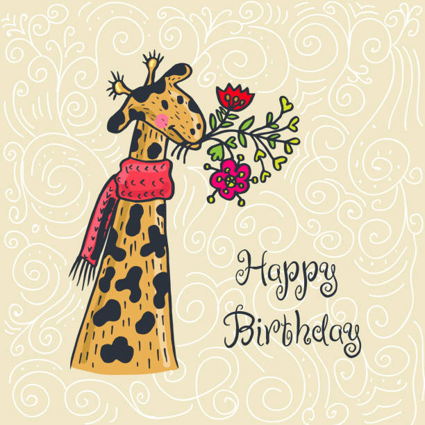 istock Happy birthday card with giraffe character and flowers. 613348028
