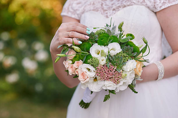 istock bride in white dress holding a wedding bouquet 613516246