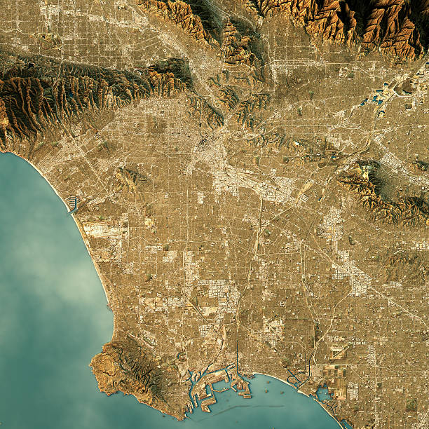 Los Angeles Topographic Map Natural Color Top View 3D Render of a Topographic Map of Los Angeles, California, USA. los angeles aerial stock pictures, royalty-free photos & images