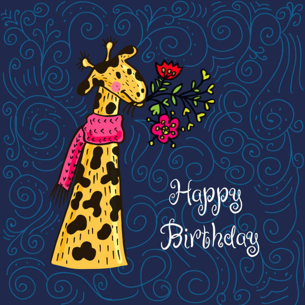 istock Happy birthday card with giraffe character and flowers. 613516594