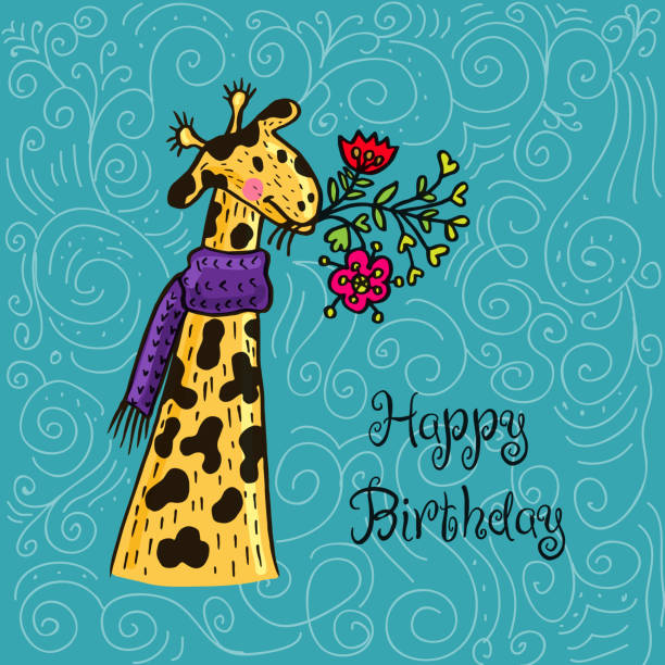 istock Happy birthday card with giraffe character and flowers. 613517314