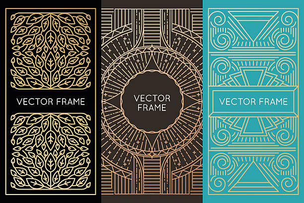 Vector set of monogram design elements Vector set of monogram design elements in trendy vintage and mono line style with copy space for text - abstract emblem and packaging template in golden colors for luxury products frame outline silhouette stock illustrations