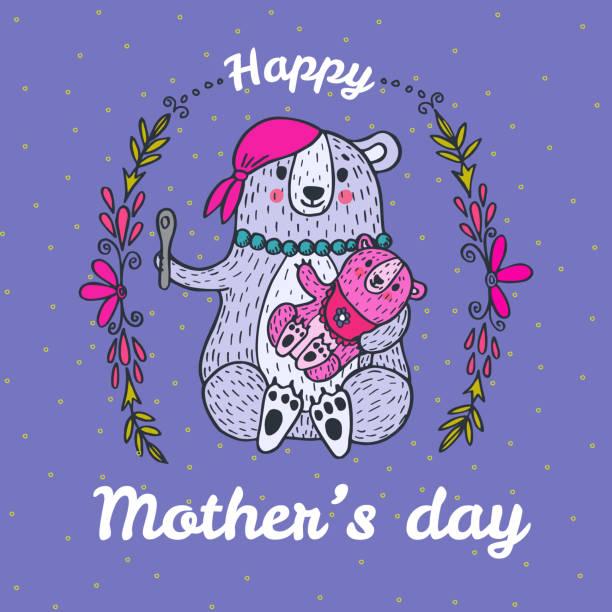 illustrazioni stock, clip art, cartoni animati e icone di tendenza di carta festa della mamma con personaggi dell'orso. - mothers day flower single flower purple