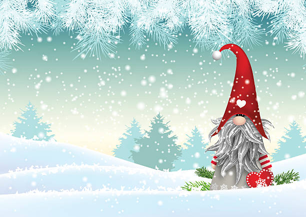 Scandinavian christmas traditional gnome, Tomte, illustration Gnome Tomte standing in winter landscape, Nisser in Norway and Denmark, Tomtar in Sweden or Tonttu in Finnish, Scandinavian folklore elves, christmas motive, vector illustration, eps 10 with transparency Gnome stock illustrations