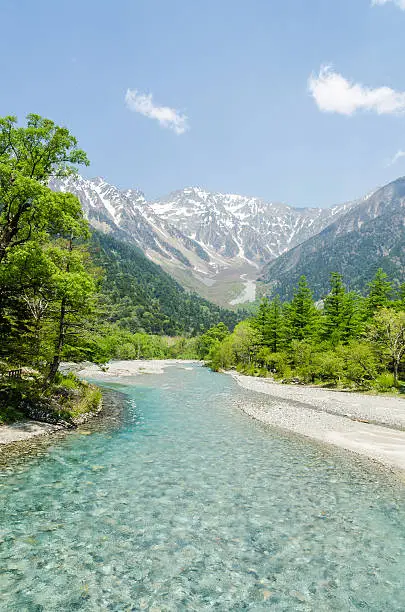 Hotaka mountain range and azusa river in spring at kamikochi national park nagano japan