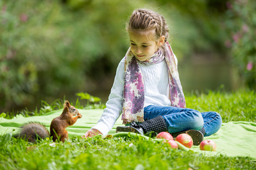 Little beautiful girl sitting on green lawn and feeding squirrel with nuts. Sweet, happy child on a grass in forest. Laughing, enjoying fresh air