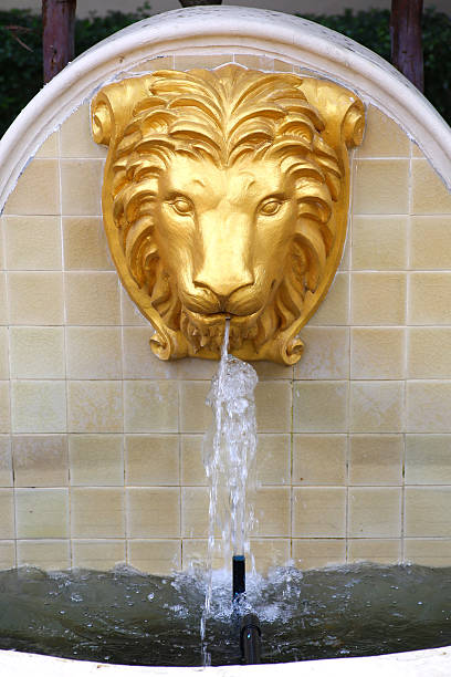 istock Golden Lion's Head fountain spouting water 613519940