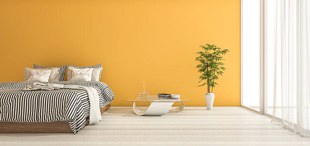 3d rendering yellow bedroom with minimal decor and daylight