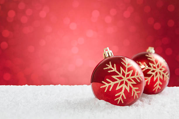 istock Red Christmas Baubles on Snow 613521584