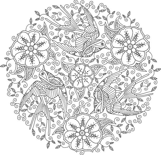 Mandala with three ornate beautiful flying birds and floral background. Mandala with three ornate beautiful flying birds and floral background. Good quality coloring book for adult and children. Editable hand drawn vector illustration. adult coloring pages mandala stock illustrations
